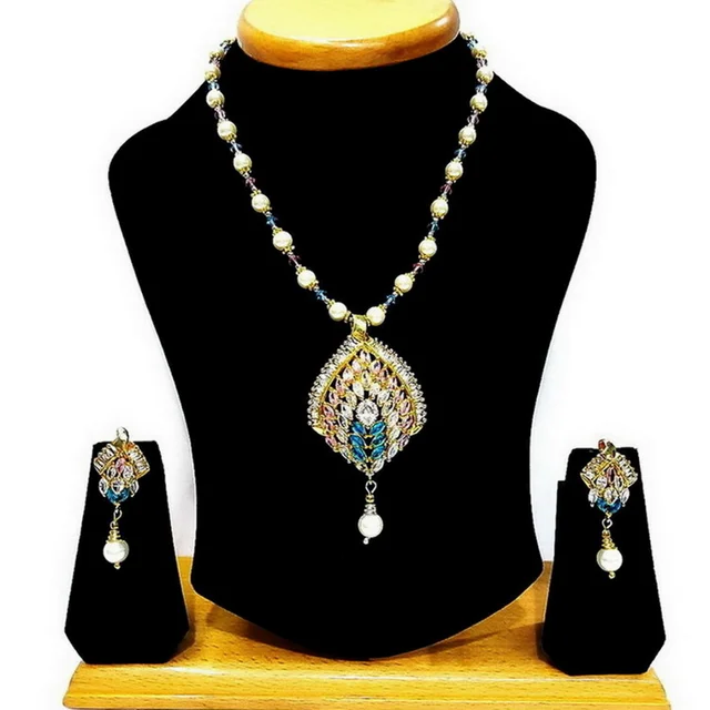 HJ Designer Pearl Crystal Pendant Set - Hjs-033j - Multi, Two Tone Plating