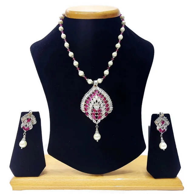 HJ Designer Pearl Crystal Pendant Set - Hjs-033j - Multi, Two Tone Plating