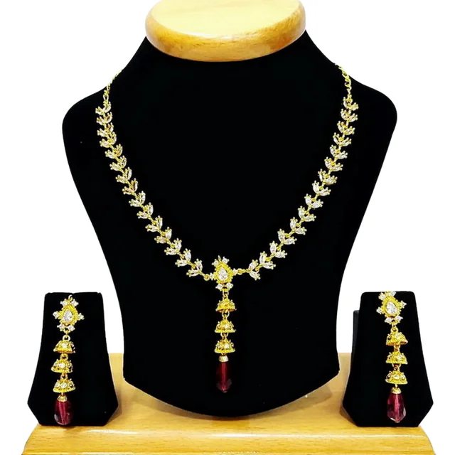 HJ Slim & Stylish Maroon Drop Cz Necklace Set - Hjs-047a - Maroon, Gold Plating