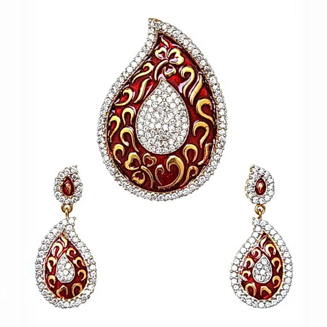 HJ Designer Pendant Set Hjs 0143a - Red, Two Tone Plating