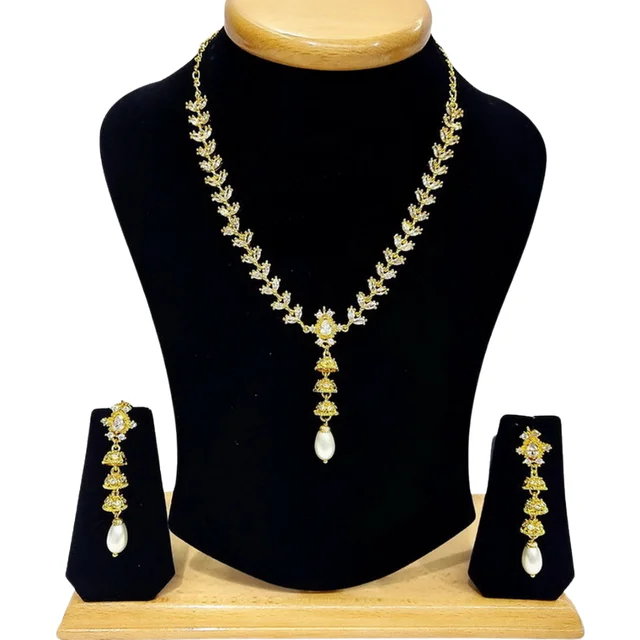 HJ Slim & Stylish Maroon Drop Cz Necklace Set - Hjs-047a - Maroon, Gold Plating