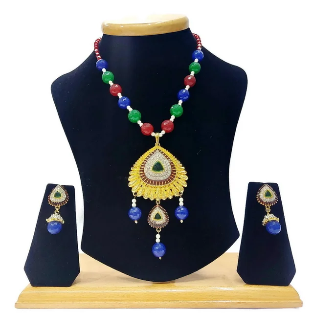 HJ Designer Pendant Set - Hjs-0601e - Green, Two Tone Plating