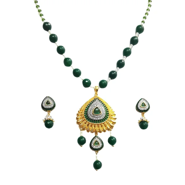 HJ Designer Pendant Set - Hjs-0601e - Green, Two Tone Plating