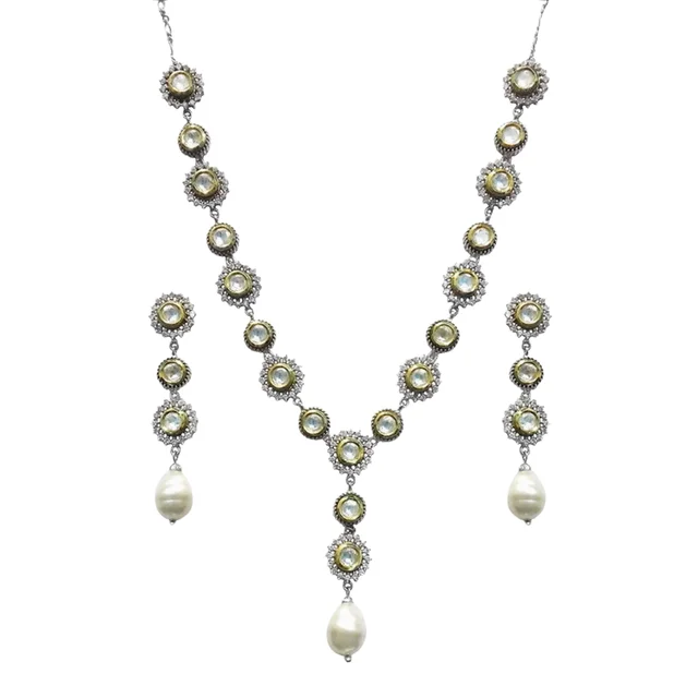 HJ Exquisite Cz Kundan White Necklace Set With Earrings - Hjs-685a - White, Rhodium Plating