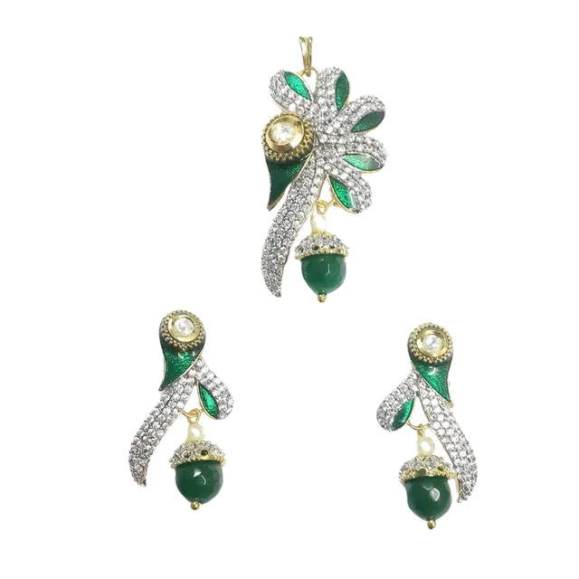 HJ Designer Pendant Set Hjs 714 - Green, Two Tone Plating