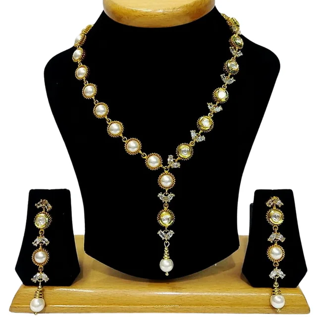 HJ Beautiful Designer Pearl Kundan White Cz Necklace Set - Hjs-723a - Pearl White, Gold Plating