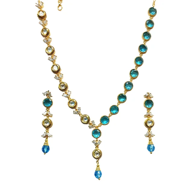 HJ Slim Designer Sky Blue Stone Kundan Necklace Set - Hjs-724b - Aqua Blue, Gold Plating