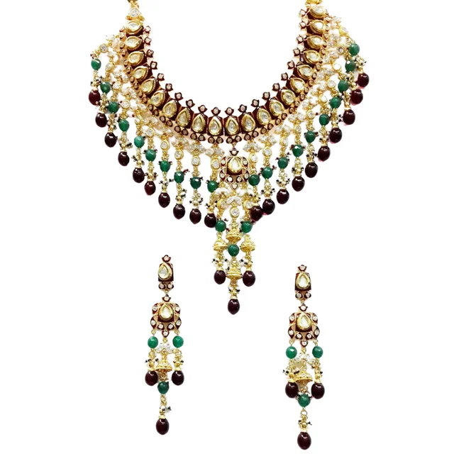 HJ Timeless Bridal Kundan Traditional Multi Color Necklace Set - Hjs-821a - Multi, Gold Plating