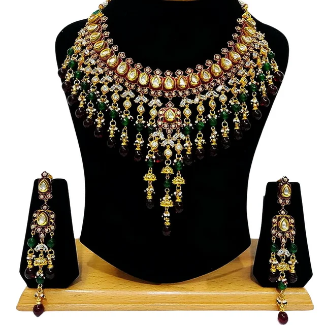 HJ Timeless Bridal Kundan Traditional Multi Color Necklace Set - Hjs-821a - Multi, Gold Plating