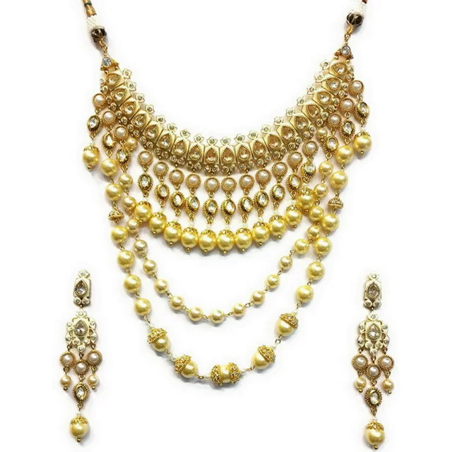 HJ Timeless Ivory Bridal Kundan Necklace Set - Hjs-821a - Ivory, Gold Plating