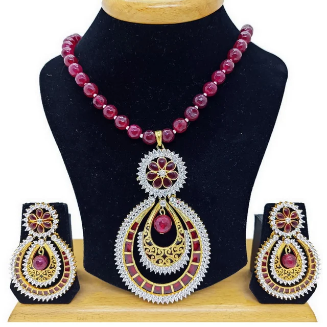 HJ Diamond Inspired Designer Maroon Pendant Set - Hjs-0881d - Maroon, Gold Plating
