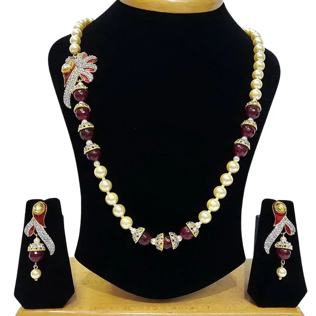 HJ Romantic Designer Pearl Maroon Pendant Set - Hjs-0954b - Maroon, Gold Plating