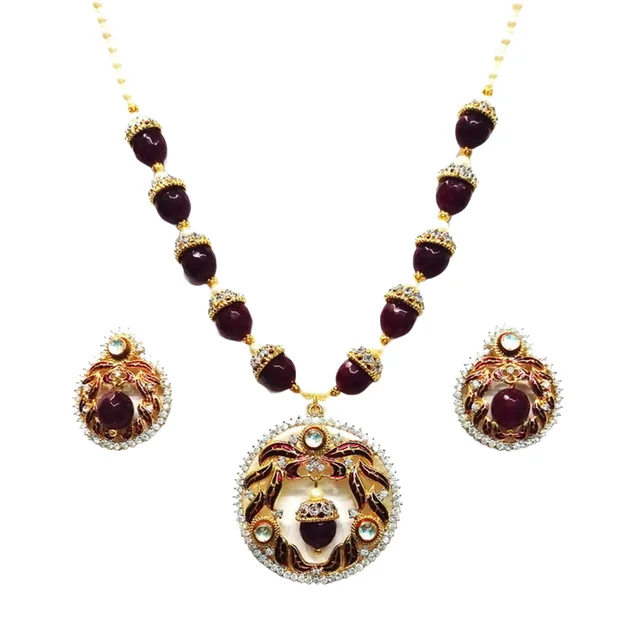 HJ Classic Designer Maroon Pendant Set With Mala - Hjs-0967d - Maroon, Gold Glating