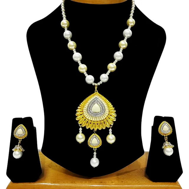 HJ Alluring Pearl Cz Pendant Set - Hjs-0974a - Pearl Ivory, Gold Plating