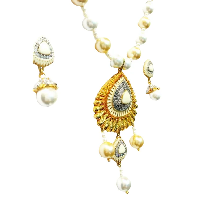 HJ Alluring Pearl Cz Pendant Set - Hjs-0974a - Pearl Ivory, Gold Plating