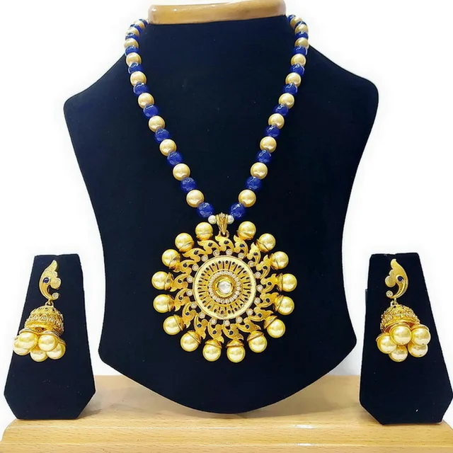 HJ Graceful Designer Pearl Blue Pendant Set - Hjs-2099d - Blue, Gold Plating