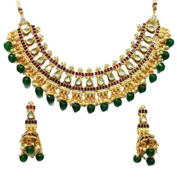HJ Elegant Maroon Bridal Kundan Necklace Set - Hjs-2124c - Maroon, Gold Plating