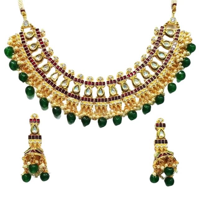 HJ Elegant Multi Color Bridal Kundan Necklace Set - Hjs-2124b - Multi, Gold Plating