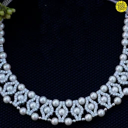 HJ Designer Cz Pearl White Necklace Set - Hjs-2165a - White, Rhodium Plating