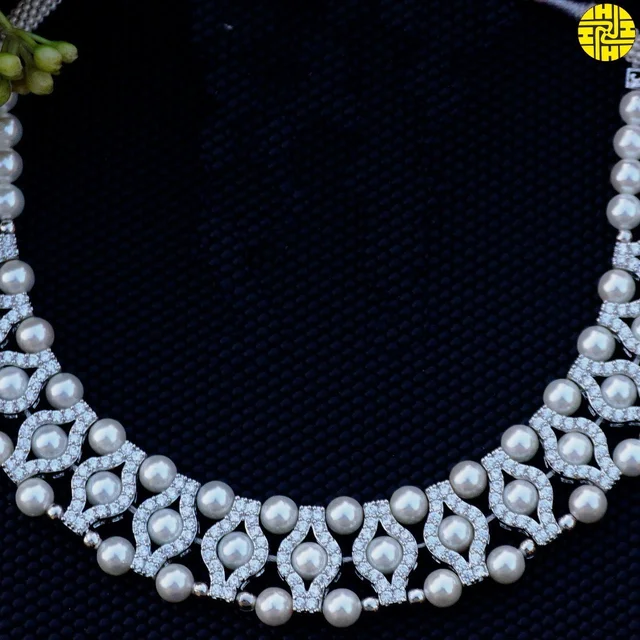 HJ Designer Cz Pearl White Necklace Set - Hjs-2165a - White, Rhodium Plating