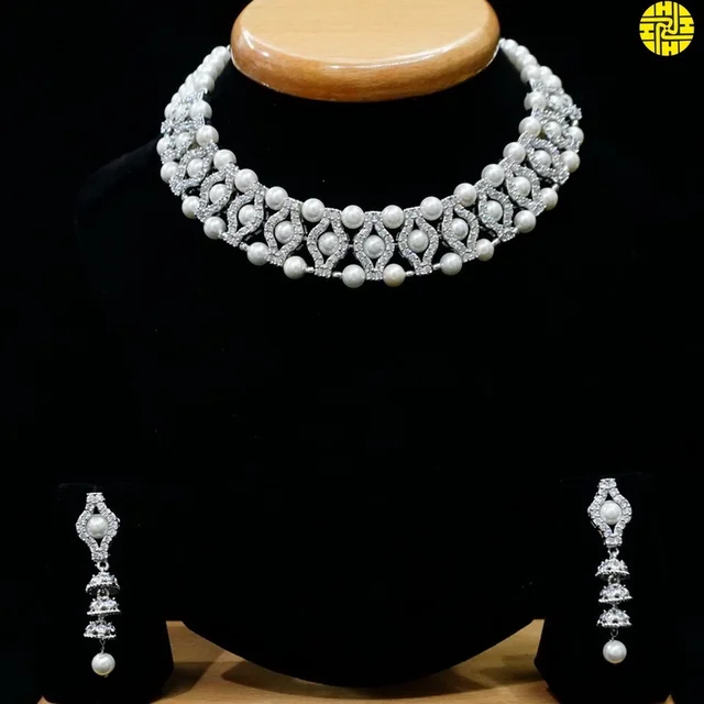 HJ Designer Cz Pearl White Necklace Set - Hjs-2165a - White, Rhodium Plating