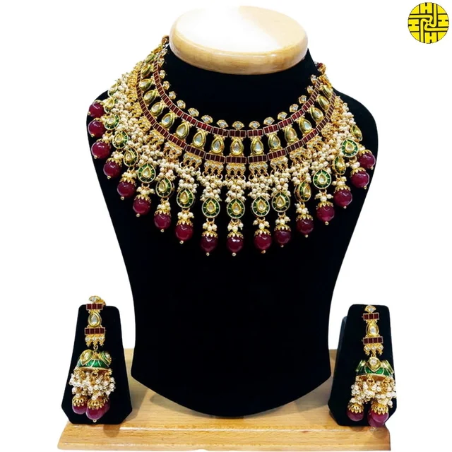 HJ Royal Look Multi Color Bridal Necklace Set - hjs-2201a - Multi, Gold Plating