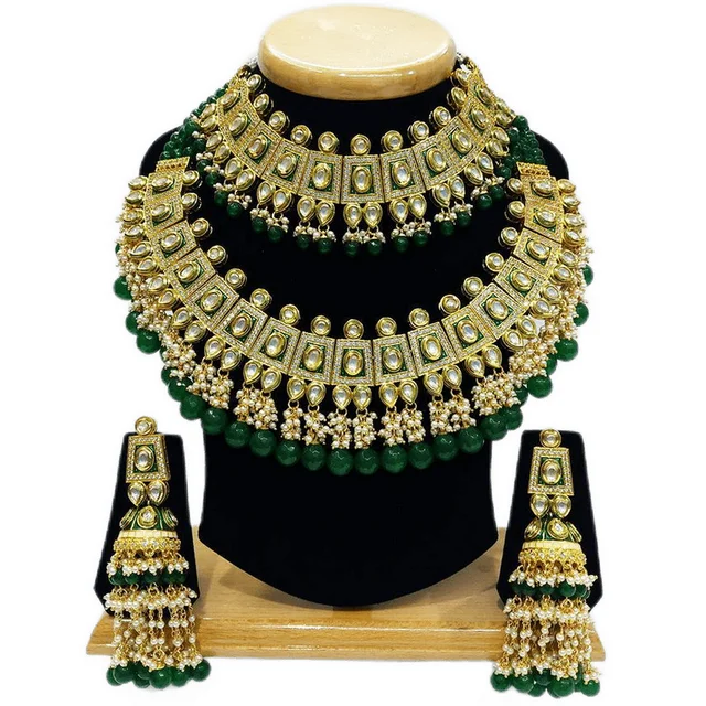HJ Royal Look Stunning Bridal Kundan Necklace Set With Long Earrings - Hjs-2206a - Green, Gold Plating