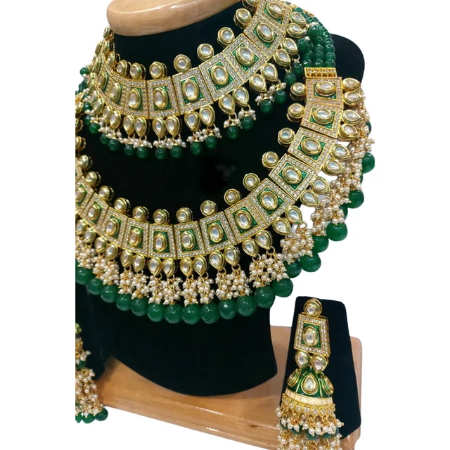 HJ Royal Look Stunning Bridal Kundan Necklace Set With Long Earrings - Hjs-2206a - Green, Gold Plating