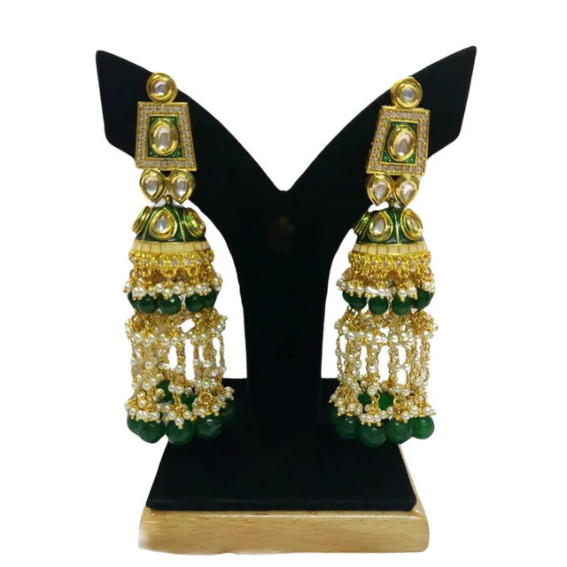 HJ Royal Look Stunning Bridal Kundan Necklace Set With Long Earrings - Hjs-2206a - Green, Gold Plating