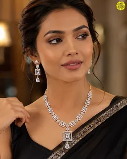 HJ Trendy CZ Designer Necklace Set - hnc-001 - Black, Rhodium Plating