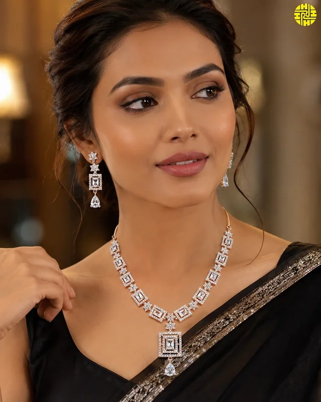 HJ Trendy CZ Designer Necklace Set - hnc-001 - Black, Rhodium Plating