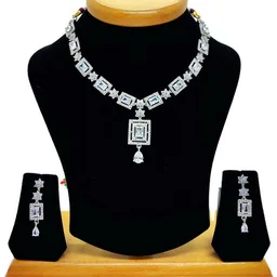 HJ Trendy CZ Designer Necklace Set - hnc-001 - Black, Rhodium Plating