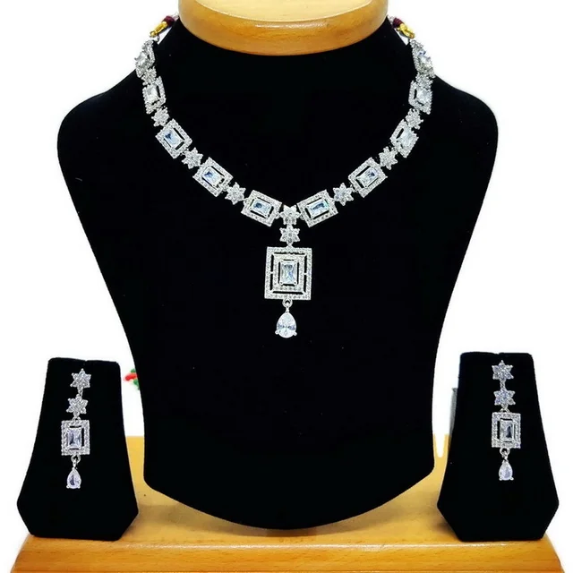 HJ Trendy CZ Designer Necklace Set - hnc-001 - Black, Rhodium Plating