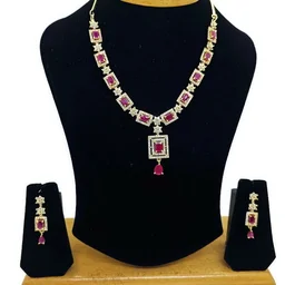 HJ Trendy CZ Designer Necklace Set - hnc-001 - Black, Rhodium Plating