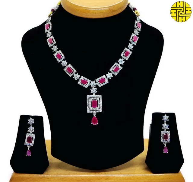 HJ Rich Looking White Cz Necklace Set Online - Hnc-001a - White, Rhodium Plating