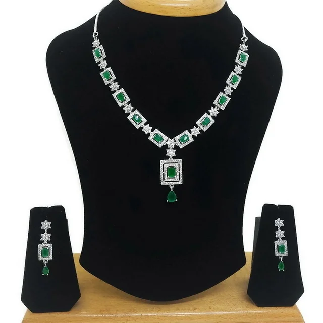 HJ Trendy CZ Designer Necklace Set - hnc-001 - Black, Rhodium Plating