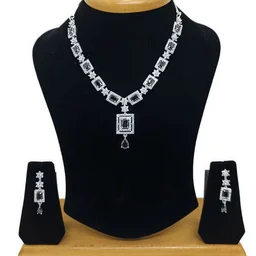 HJ Trendy CZ Designer Necklace Set - hnc-001 - Blue, Rhodium Plating