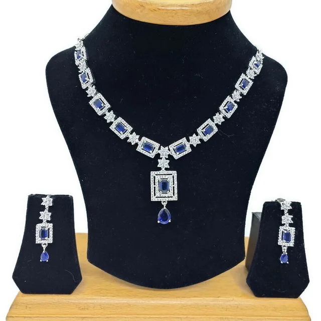 HJ Trendy CZ Designer Necklace Set - hnc-001 - Black, Rhodium Plating