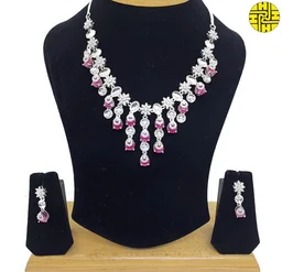 HJ Elegant Ruby Cz Necklace Set - Hnc-003 - Multi, Rhodium Plating