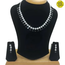 HJ Sober look CZ Necklace Set - Hnc-004 - Green, Rhodium Plating