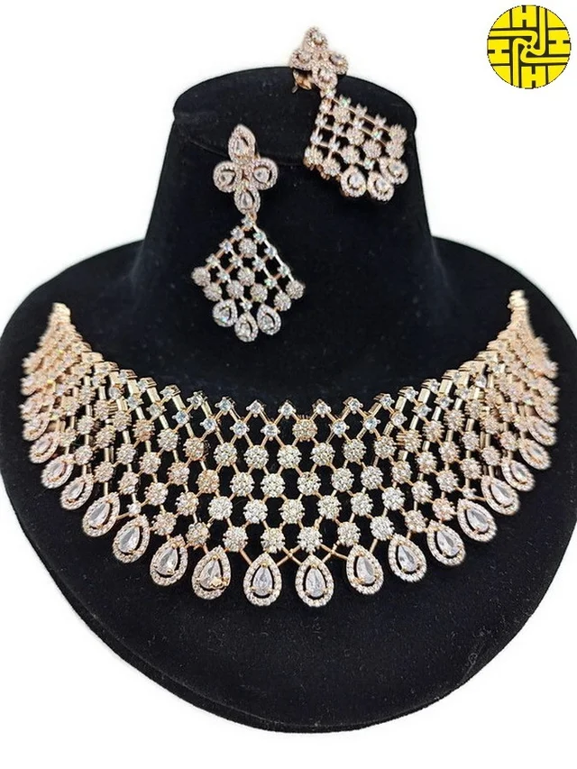 HJ Timeless Bridal White Cz Necklace Set With Earrings - Hnc-016at - White, Two Tone Plating