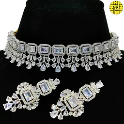 HJ Glamorous Choker Blue Cz Necklace Set - Hnc-019g - Blue, Rhodium Plating