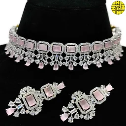 HJ Glamorous Choker White Cz Necklace Set - Hnc-019a - White, Rhodium Plating