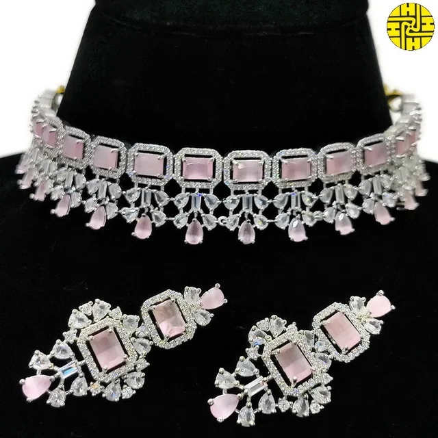 HJ Glamorous Choker White Cz Necklace Set - Hnc-019a - White, Rhodium Plating