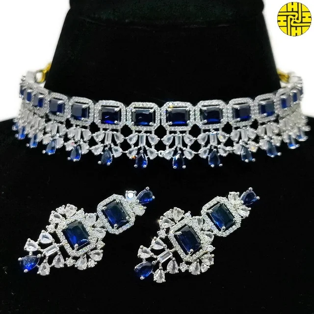 HJ Glamorous Choker White Cz Necklace Set - Hnc-019a - White, Rhodium Plating