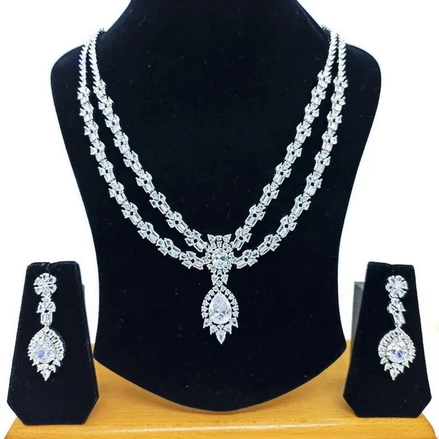 HJ Party Wear American Diamond Necklace Set - hnc-021 - Black, Rhodium Plating