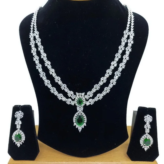 HJ Party Wear American Diamond Necklace Set - hnc-021 - Black, Rhodium Plating
