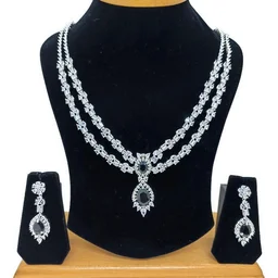 HJ Party Wear American Diamond Necklace Set - hnc-021 - Black, Rhodium Plating