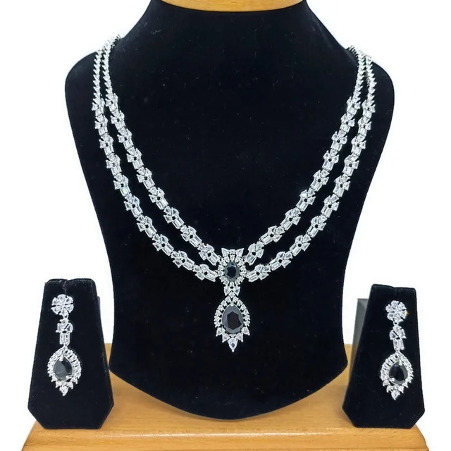 HJ Party Wear American Diamond Necklace Set - hnc-021 - Black, Rhodium Plating