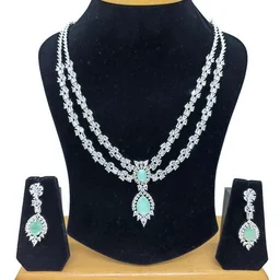 HJ Party Wear American Diamond Necklace Set - hnc-021 - Black, Rhodium Plating